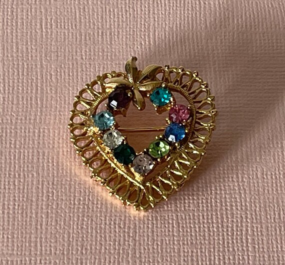 Vintage heart brooch, rhinestone heart brooch, go… - image 2