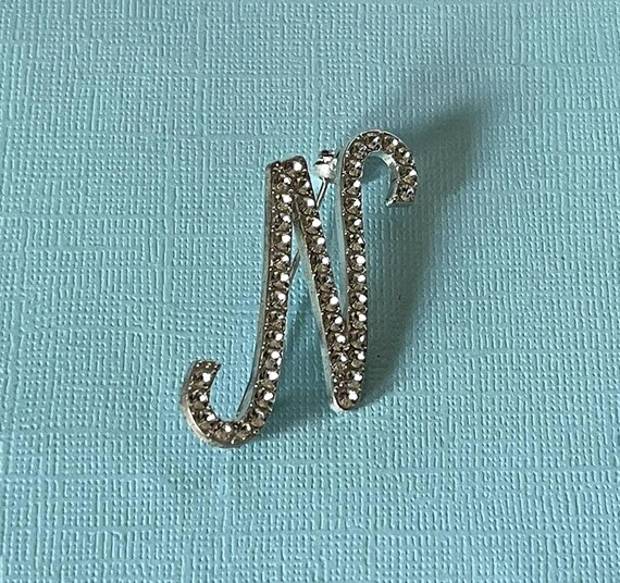 Vintage letter N brooch, silver letter N pin, rhinestone letter N brooch, letter N jewelry, monogram n pin, initial n brooch, large letter N View 3