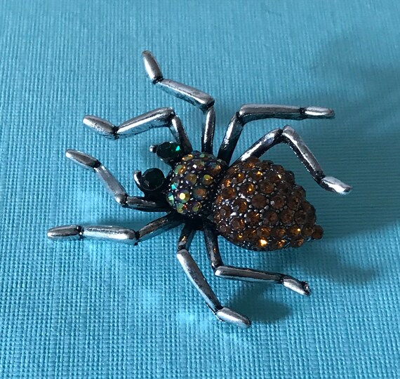 Rhinestone spider pin, green eye spider brooch, s… - image 4