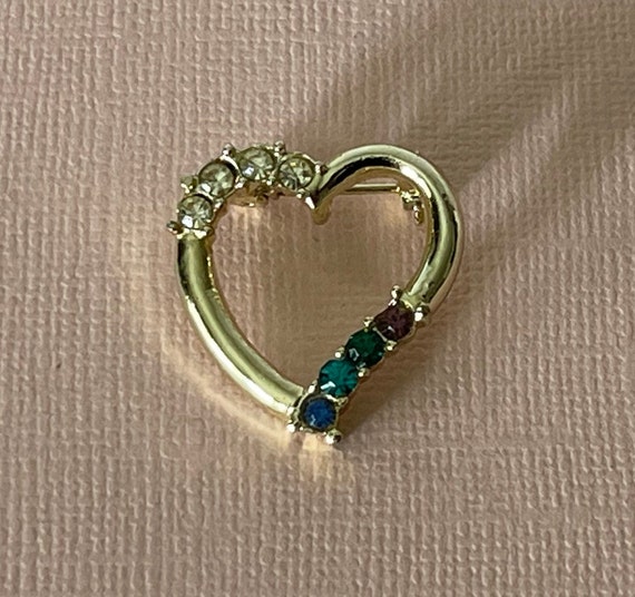 Vintage heart brooch, rhinestone heart pin, gold … - image 3