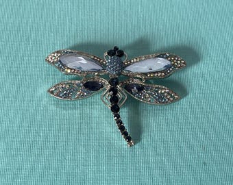 Large rhinestone dragonfly brooch, insect jewelry, blue dragonfly pin, bug jewelry, bug pin, insect brooch, rhinestone dragonfly pin,