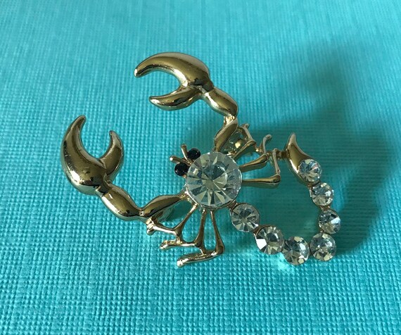Rhinestone scorpion brooch, scorpion pin, gold sco