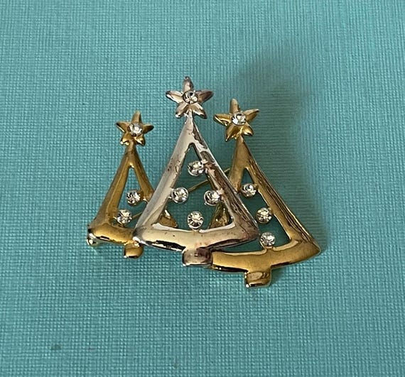 Vintage Christmas tree brooch, silver Christmas tree pin, gold Christmas tree pin, rhinestone Christmas tree pins, Christmas jewelry holiday