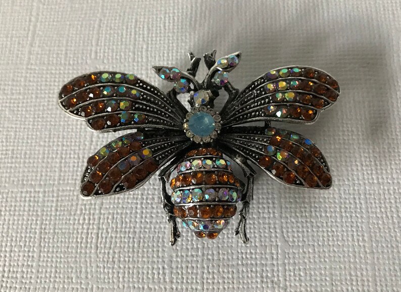 bee jewelry bumble bee pin amber bumble bee pin silver bee pin copper rhinesotne bee pin Silver and copper rhinestone bee brooch