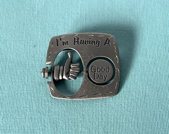 Vintage pewter good day bad day pin, signed JJ brooch, JJ Jonette good day pin, movable pin, JJ Jonette bad day brooch, pewter brooch