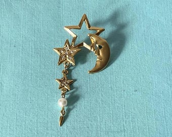 Vintage moon pin, moon and stars lapel pin, moon tie tack, dangling stars pin, crescent moon pin, gold moon tie tack, rhinestone moon pin