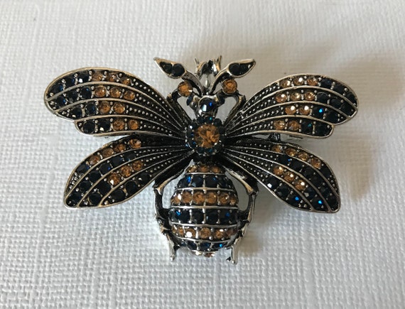 Blue rhinestone bumble bee pin, bee brooch, bee j… - image 6