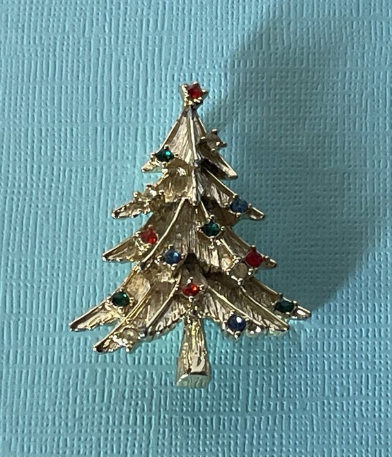 Vintage Christmas tree brooch, rhinestone Christm… - image 3