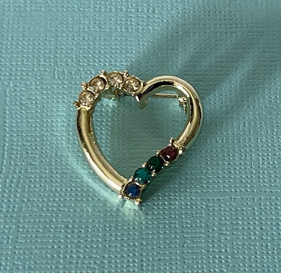 Vintage heart brooch, rhinestone heart pin, gold … - image 7