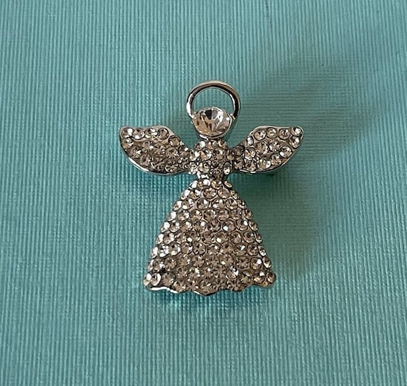 Rhinestone angel pin, guardian angel brooch, silv… - image 1