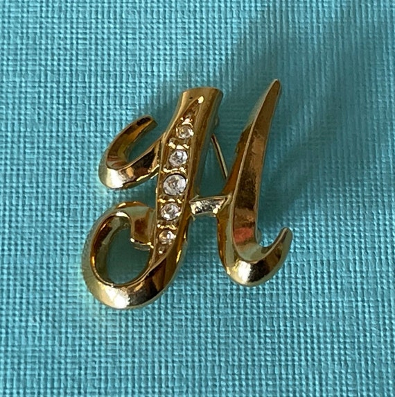 Vintage letter H brooch, rhinestone letter H pin, 