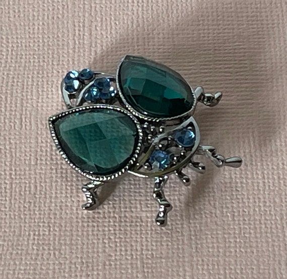 Rhinestone beetle brooch, blue rhinestone bug pin… - image 1