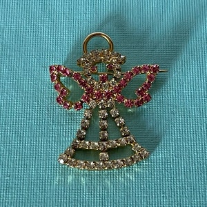 Vintage angel brooch, rhinestone angel brooch, pink rhinestone angel pin, guardian angel pin, religious jewelry, Christian jewelry, angel