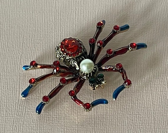 Red rhinestone spider pin, blue rhinestone spider… - image 8