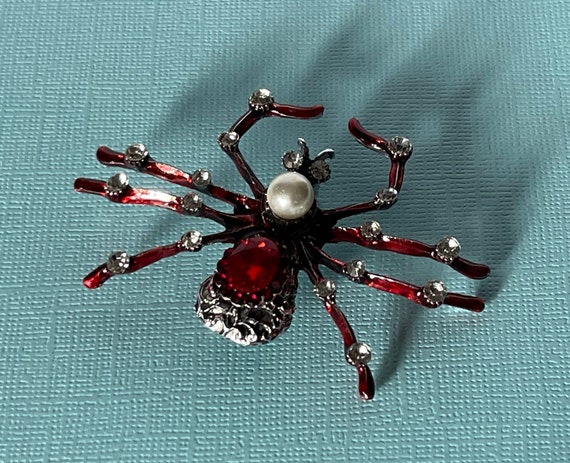 large spider brooch, red rhinestone spider pin, f… - image 8