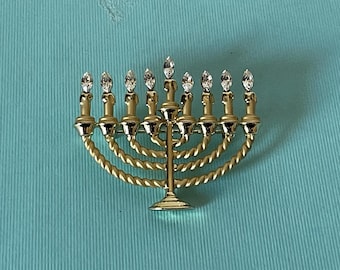Vintage Menorah Brosche, Chanukka Brosche, Chanukka Anstecknadel, religiöser Schmuck, jüdischer Schmuck, Strass Menorah, Gold Menorah Brosche