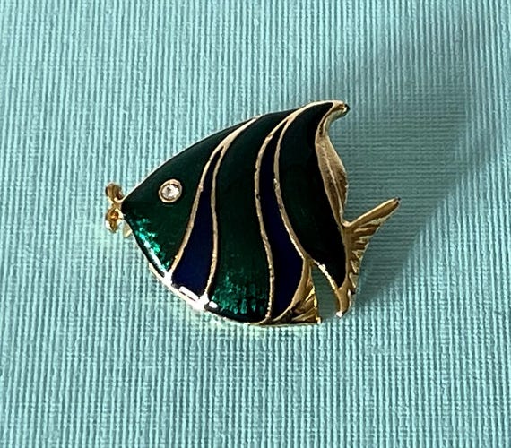 Vintage fish brooch, rhinestone fish pin, green fish brooch, blue fish brooch, gold fish brooch, fish jewelry, striped fish pin, fish brooch