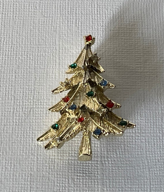 Vintage Christmas tree brooch, rhinestone Christm… - image 4
