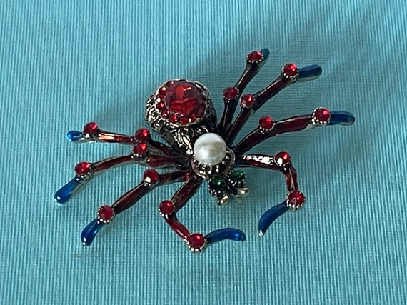 Red rhinestone spider pin, blue rhinestone spider… - image 3