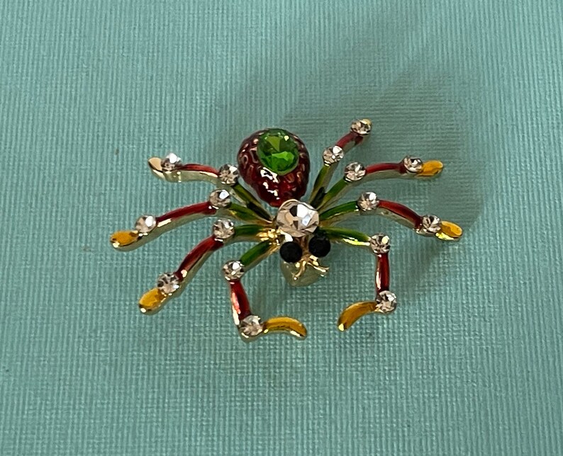 Green rhinestone spider brooch, yellow spider brooch, rhinestone spider pin, Halloween pin, Halloween spider, spider jewelry, insect pin image 1