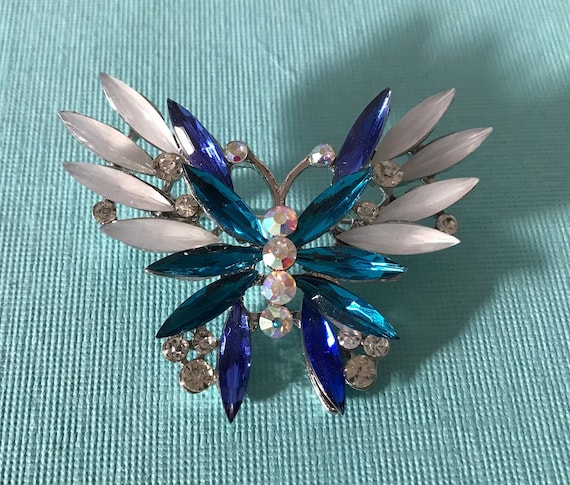 Rhinestone butterfly brooch, blue butterfly pin, … - image 1