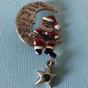 Vintage crescent moon brooch, Santa and moon brooch, rhinestone moon pin, waning crescent, Christmas brooch, man in the moon, Santa brooch