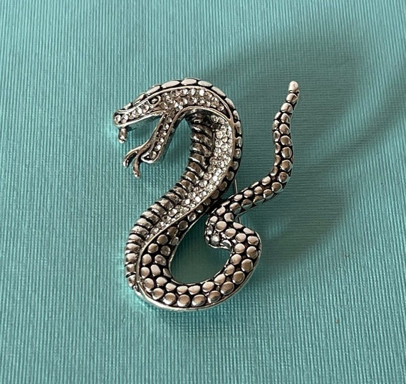 Rhinestone snake brooch, silver snake pin, snake … - image 1