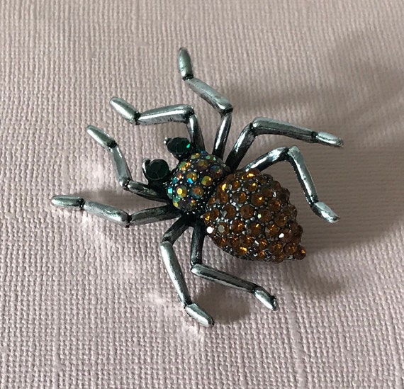 Rhinestone spider pin, green eye spider brooch, s… - image 7