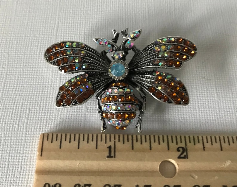 bee jewelry bumble bee pin amber bumble bee pin silver bee pin copper rhinesotne bee pin Silver and copper rhinestone bee brooch