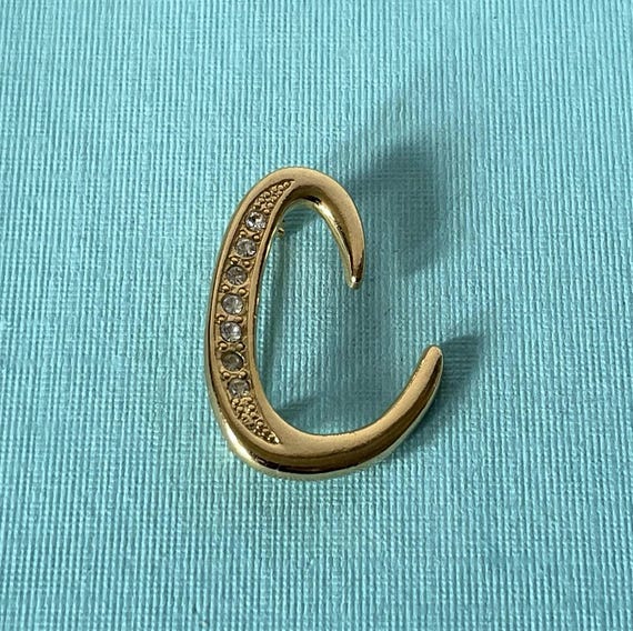 Vintage letter C brooch, rhinestone letter c pin, letter c jewelry, gold letter c pin, initial c brooch, monogram c brooch, letter c brooch