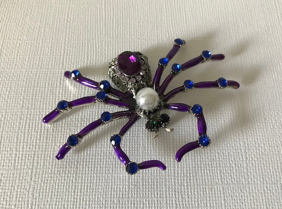 purple spider rhinestone spider pins faux pearl spider pin Large purple and blue rhinestone spider pin spider jewelry Halloween spider