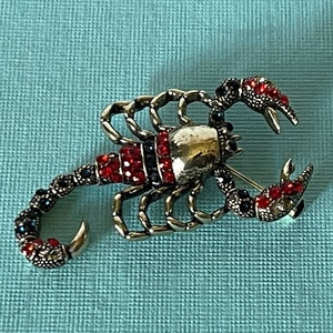 Rhinestone scorpion brooch, gold scorpion pin, red rhinestone scorpion pin, biker pin, biker jewelry, Scorpio, October birth sign, zodiac