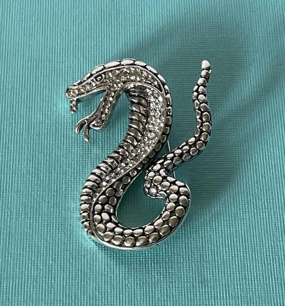 Silver snake brooch, rhinestone snake pin, snake j