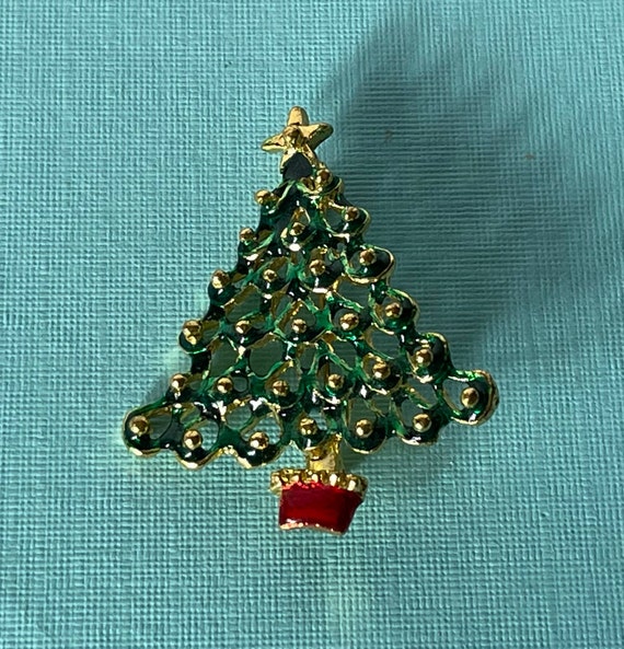 Vintage Christmas tree brooch, green Christmas tr… - image 2