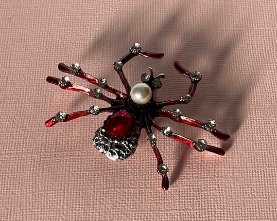 large spider brooch, red rhinestone spider pin, f… - image 3