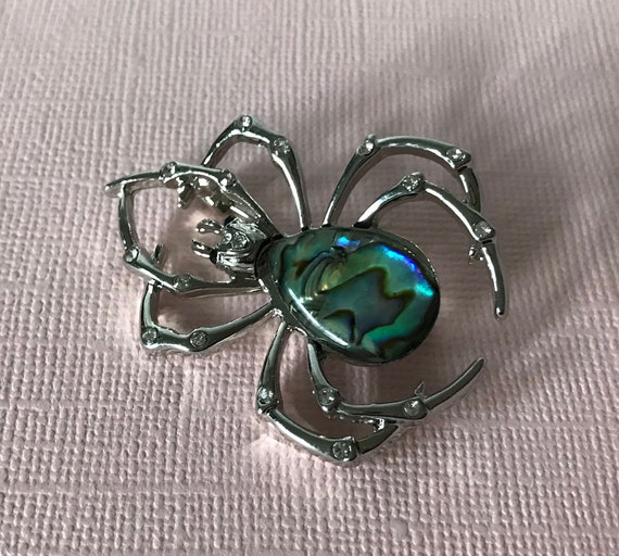 Abalone spider brooch, rhinestone spider pin, spid