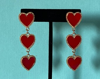 Red heart dangle earrings, chandelier earrings, 2 1/2 drop earrings, Valentine earrings, Valentine's day,