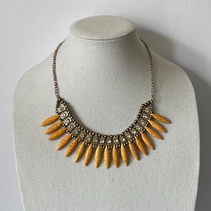 Vintage necklace, beaded necklace, rhinestone necklace, yellow beaded necklace, work necklace, gold necklace, statement necklace, yellow