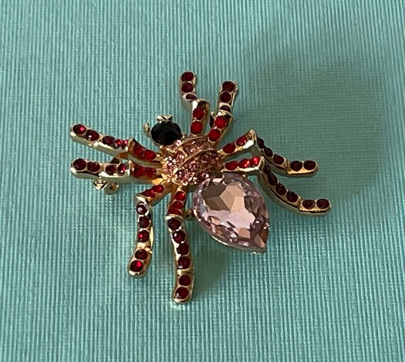 Pink and red rhinestone spider pin, spider brooch… - image 1