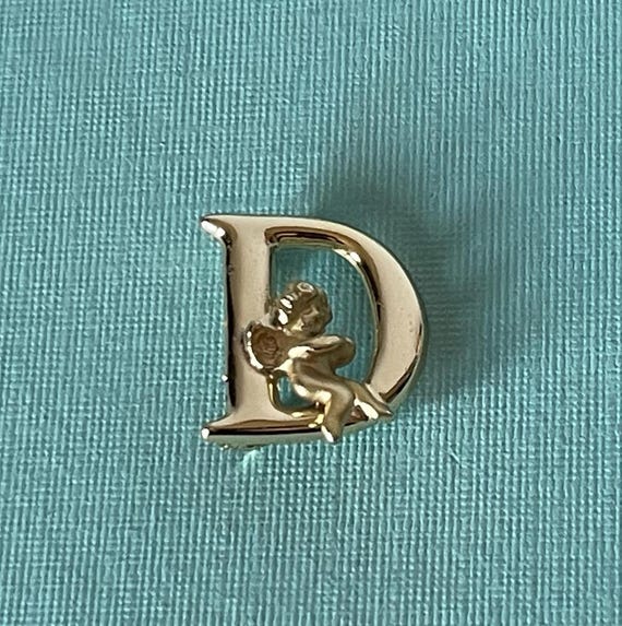 Vintage letter D brooch, signed L Razza letter brooch, monogram D brooch, gold letter d brooch, letter d with angel, initial D brooch, angel