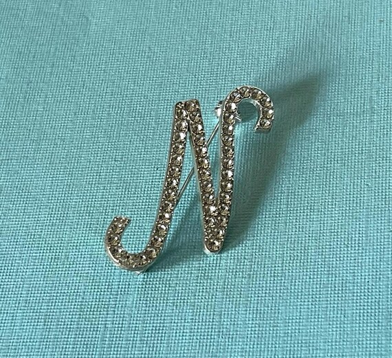 Vintage letter N brooch, silver letter N pin, rhinestone letter N brooch, letter N jewelry, monogram n pin, initial n brooch, large letter N View 2