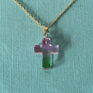 Cross necklace, two tone cross necklace, pink cross necklace, green cross necklace, 20&quot; necklace, gold cross necklace religious jewelry GIIC