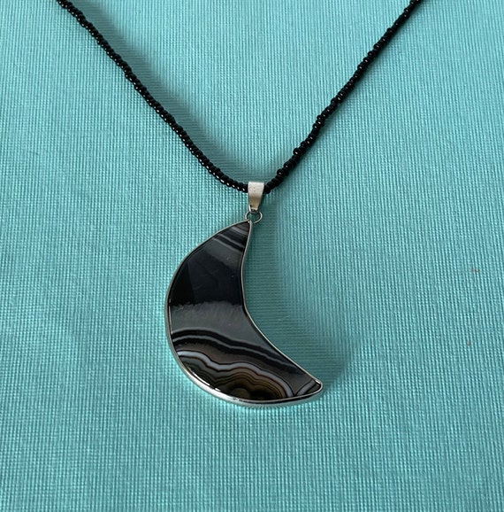 Crescent moon necklace, black agate moon necklace… - image 1