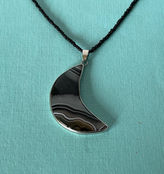 Crescent moon necklace, black agate moon necklace… - image 2