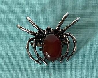 Red agate spider brooch, spider jewelry, wedding spider, red spider pin, tarantula brooch, Halloween brooch, lucky spider pin, red spider