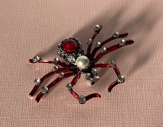 large spider brooch, red rhinestone spider pin, f… - image 4