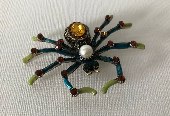 Large spider pin, blue and orange spider pin, rhin