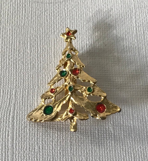 Vintage Christmas tree brooch, gold Christmas tre… - image 4