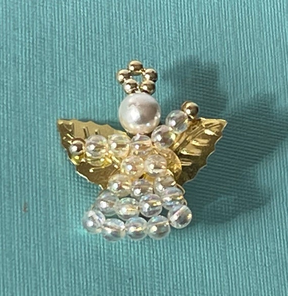 Vintage angel brooch, beaded angel pin, gold angel