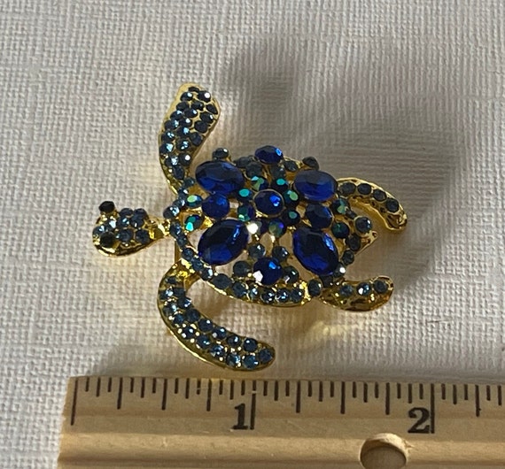 Rhinestone turtle brooch, blue turtle pin, sea tu… - image 4